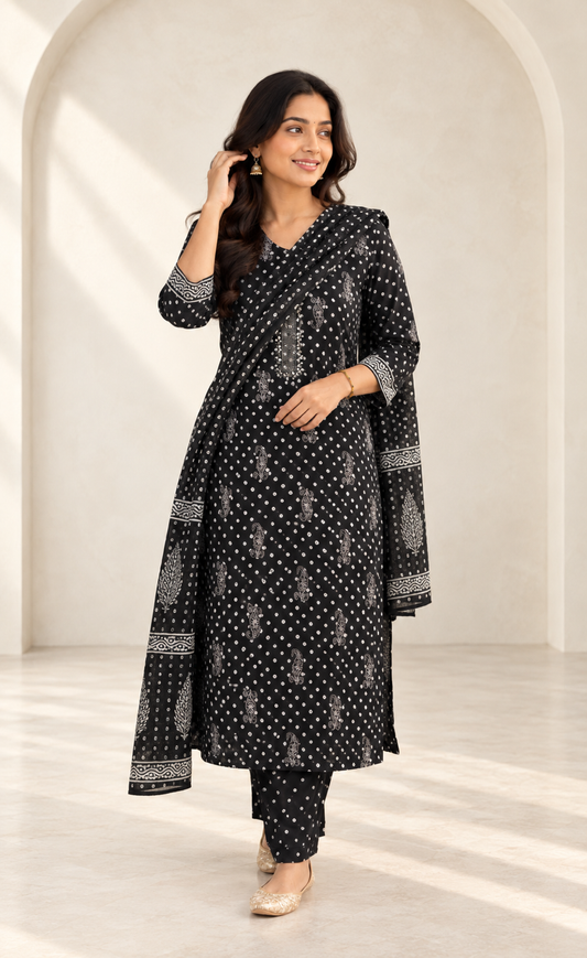 Black Handblock-Style Printed Cotton Kurta Set with Dupatta(KER-1203)