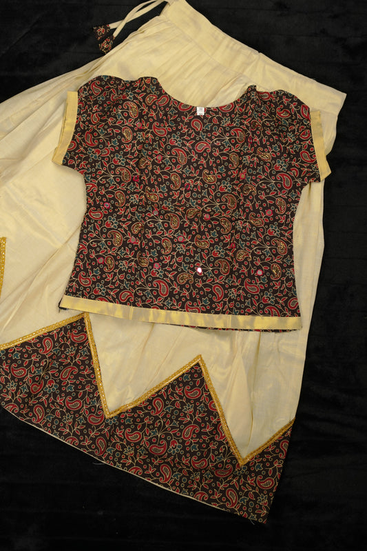 Girls ajrakh styled pavada  with mirror work blouse (KCW121)
