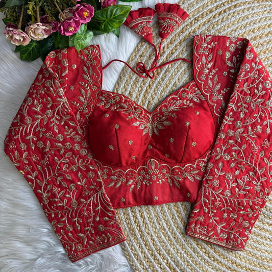 Vichitra Silk Bridal Blouse - Red(Code:B28)