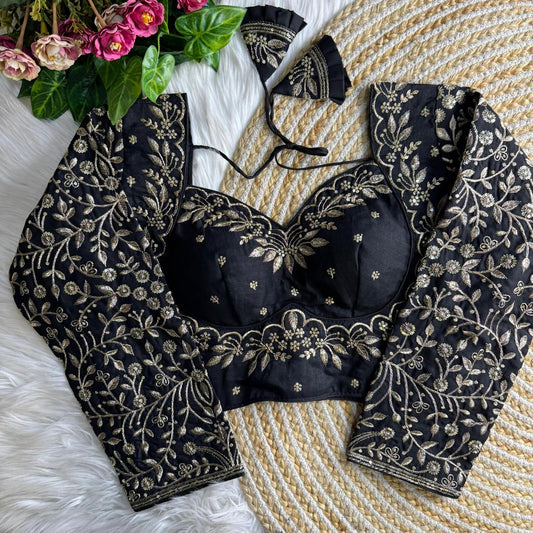 Vichitra Silk Blouse with Zari Embroidery - Black  (Code:B30)