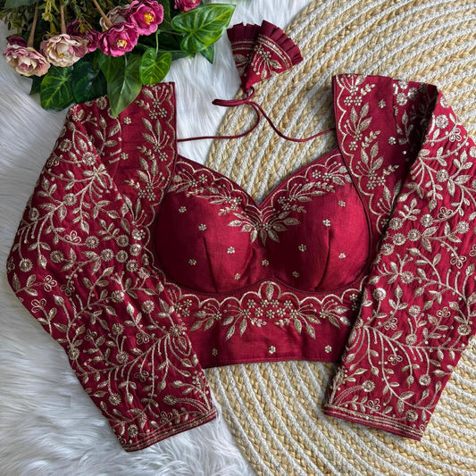 Vichitra Silk Blouse with Zari Embroidery - Maroon (Code: B29)