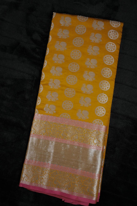 Traditional Mustard Yellow Kanjivaram Silk Saree with Silver Zari  (SAR-1140)