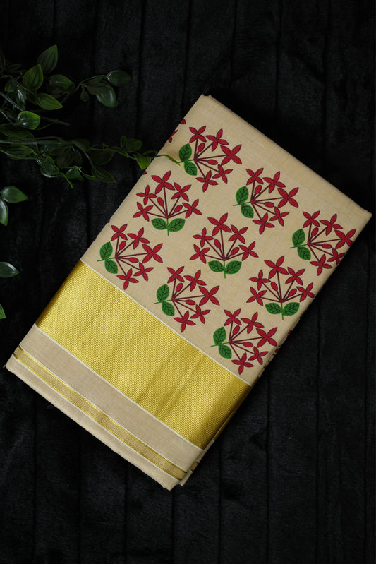 Kasavu tissue saree with thechi flower design(SAR-180)