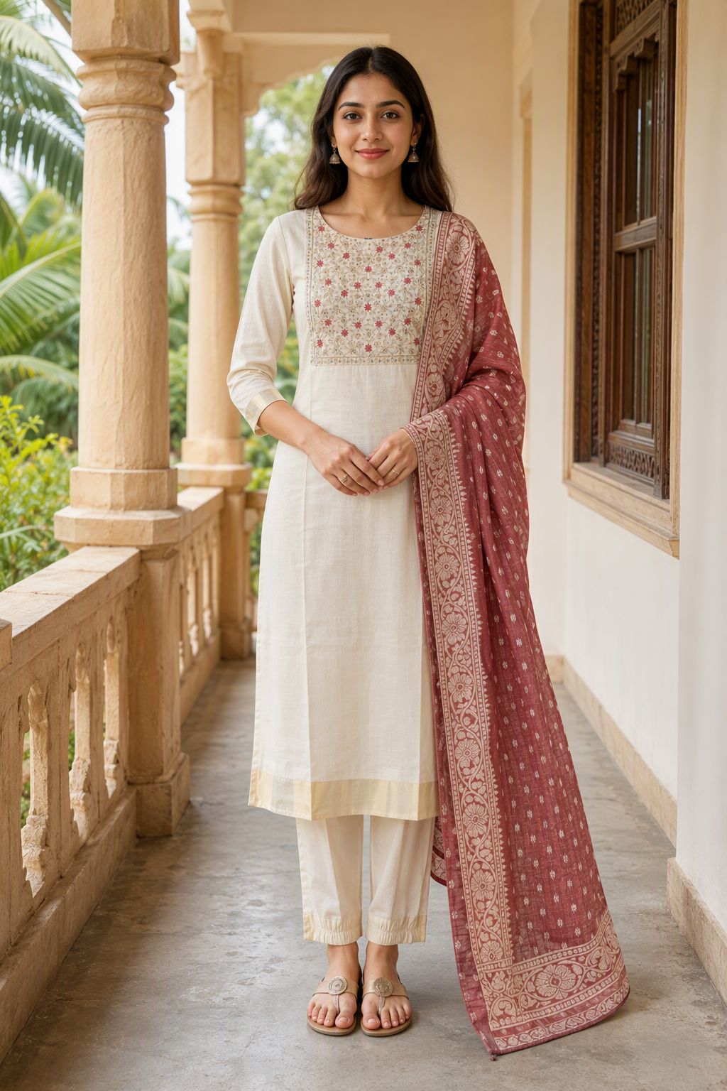 Premium Tissue Embroidered Kurta Set with Printed Dupatta (KER-1211)
