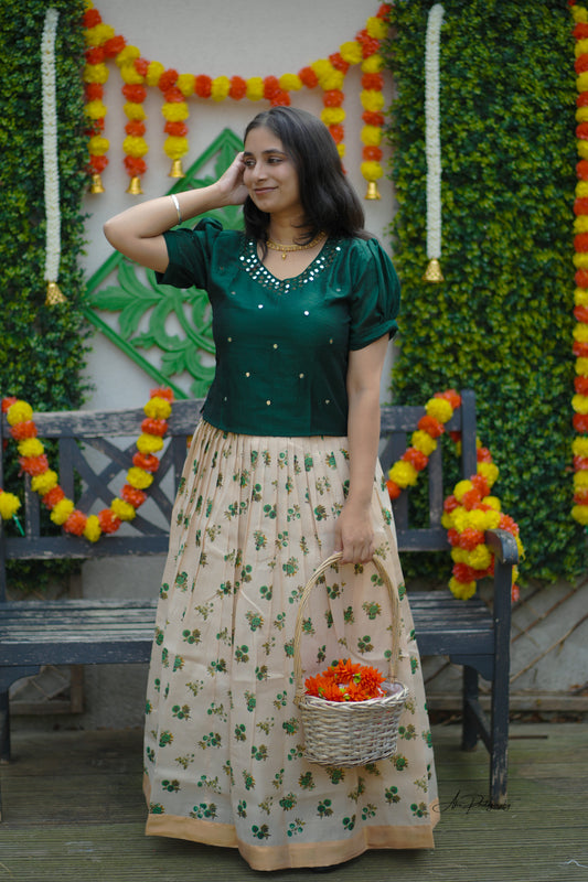 Emerald Green Mirror Work Blouse with Cream Floral Silk Skirt - (KER-1145)