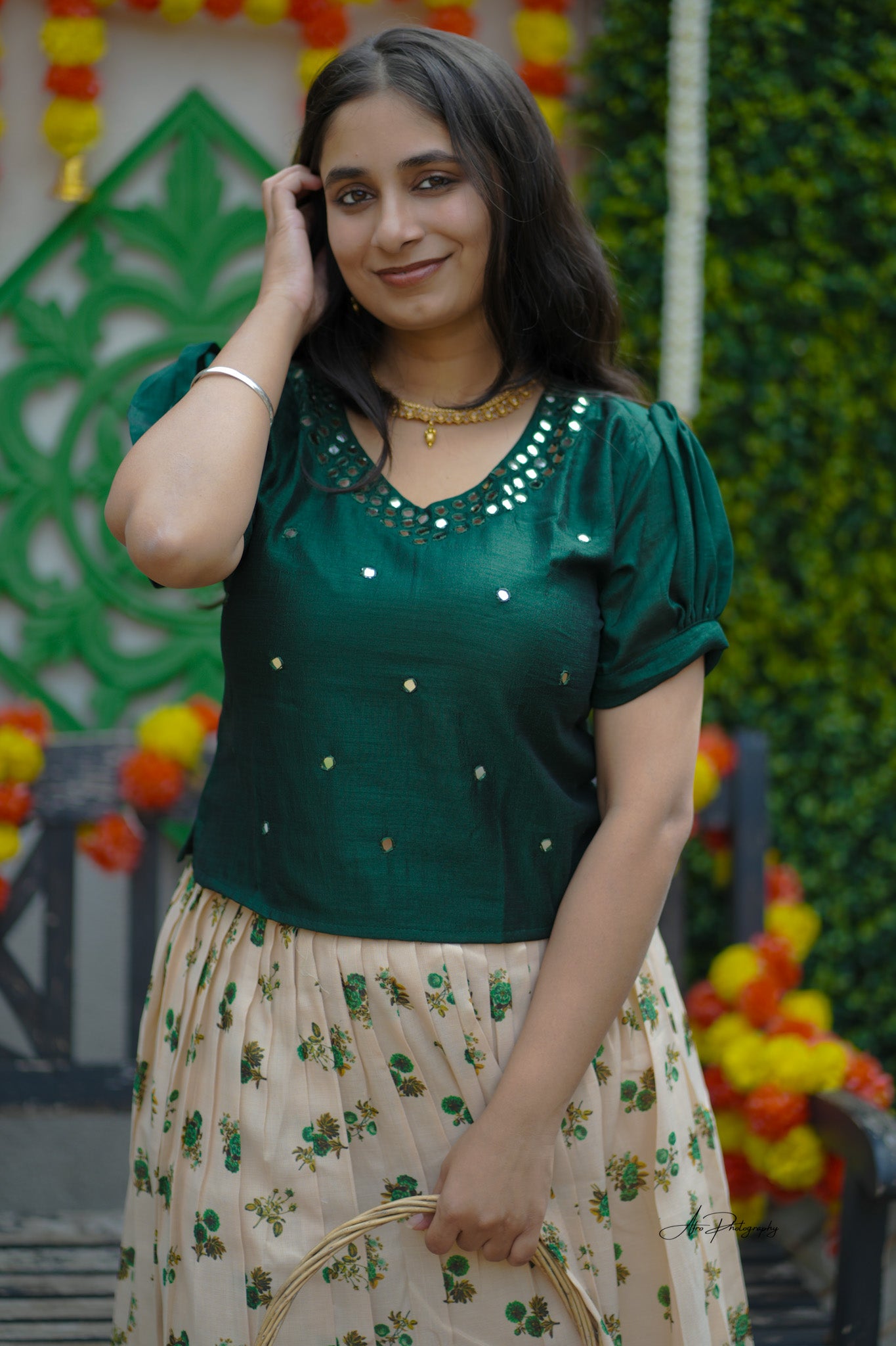 Emerald Green Mirror Work Blouse with Cream Floral Silk Skirt - (KER-1145)