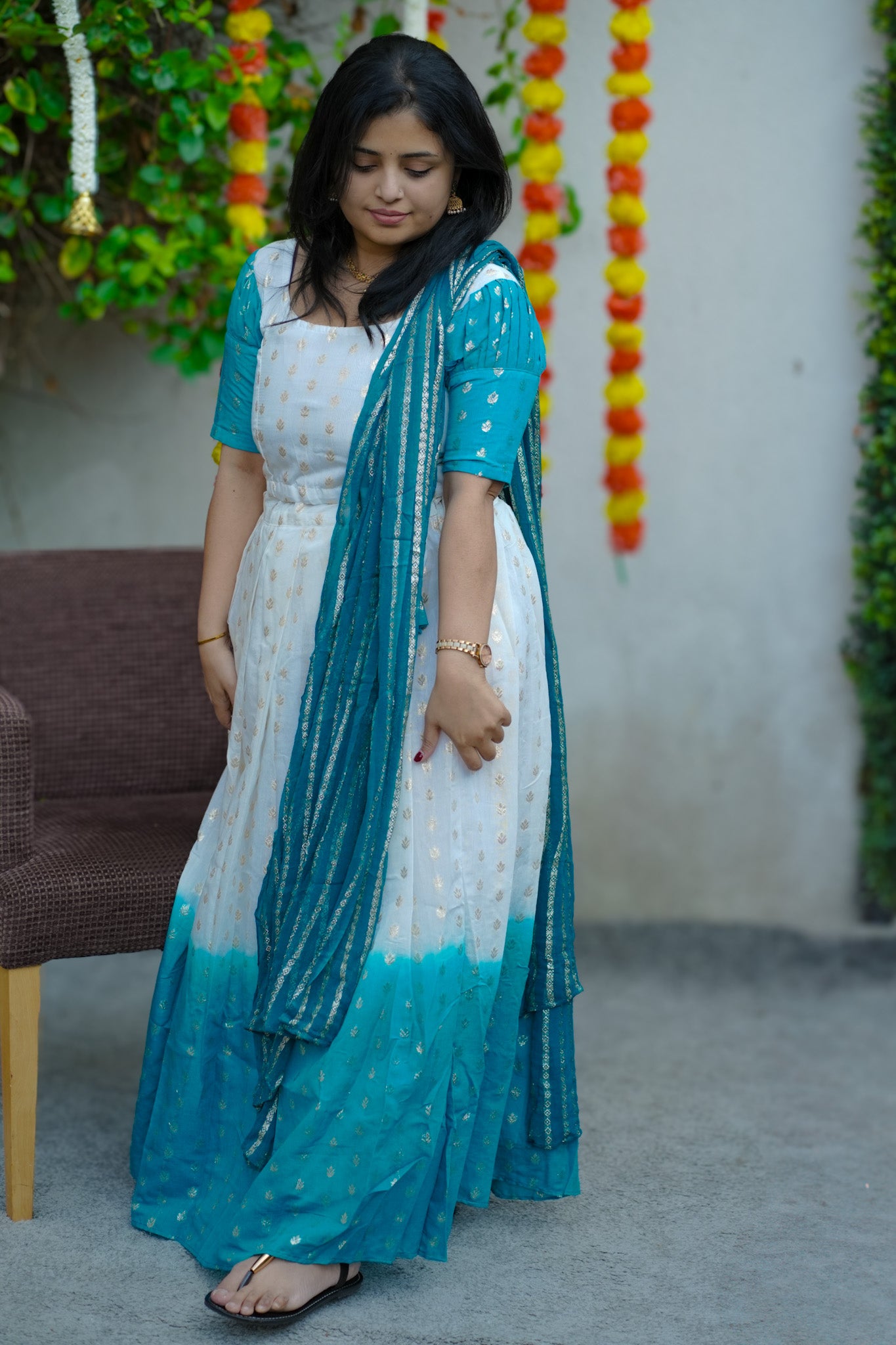 Dhavani set in shade of white and peacock blue (KER-1154)