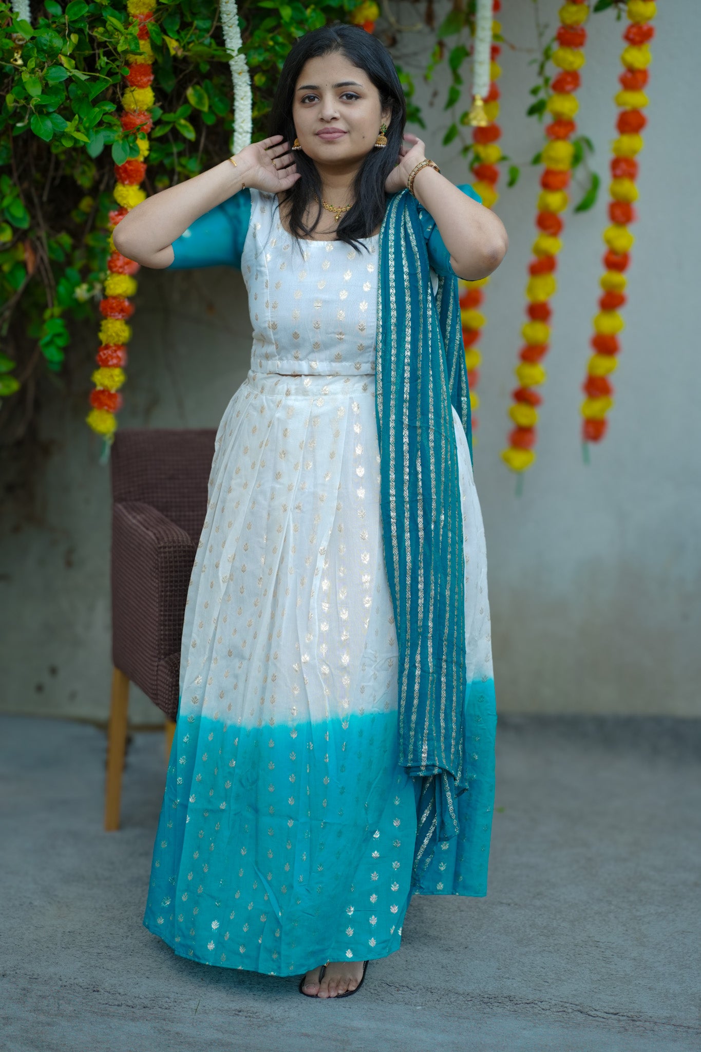 Dhavani set in shade of white and peacock blue (KER-1154)