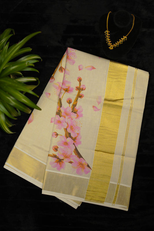Tissue Kasavu Set Saree with floral print (SAR-1146)