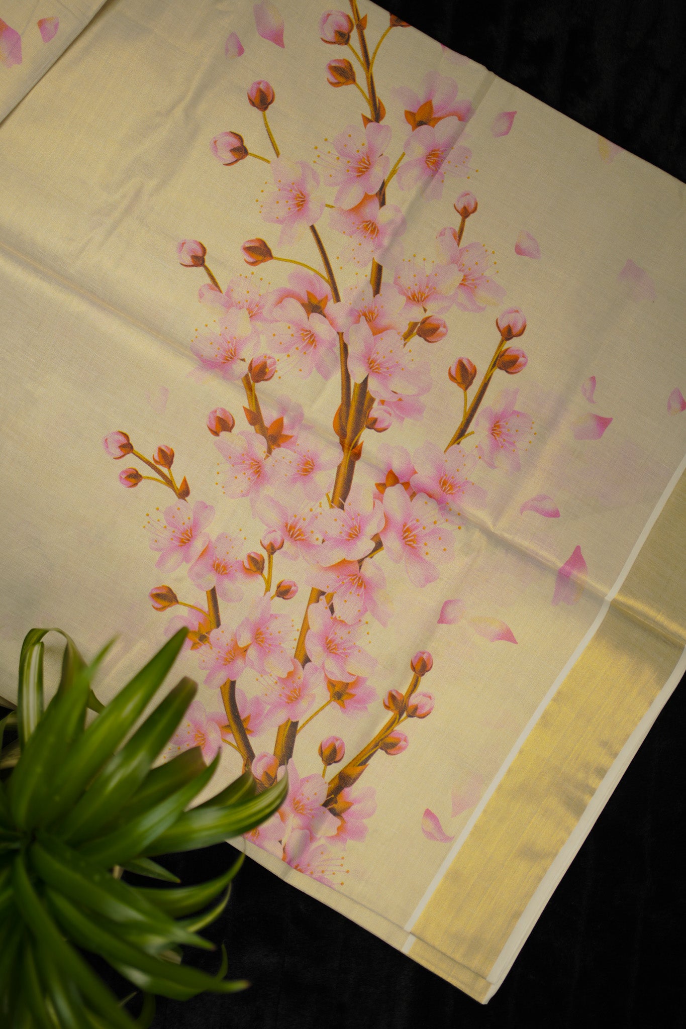 Tissue Kasavu Set Saree with floral print (SAR-1146)