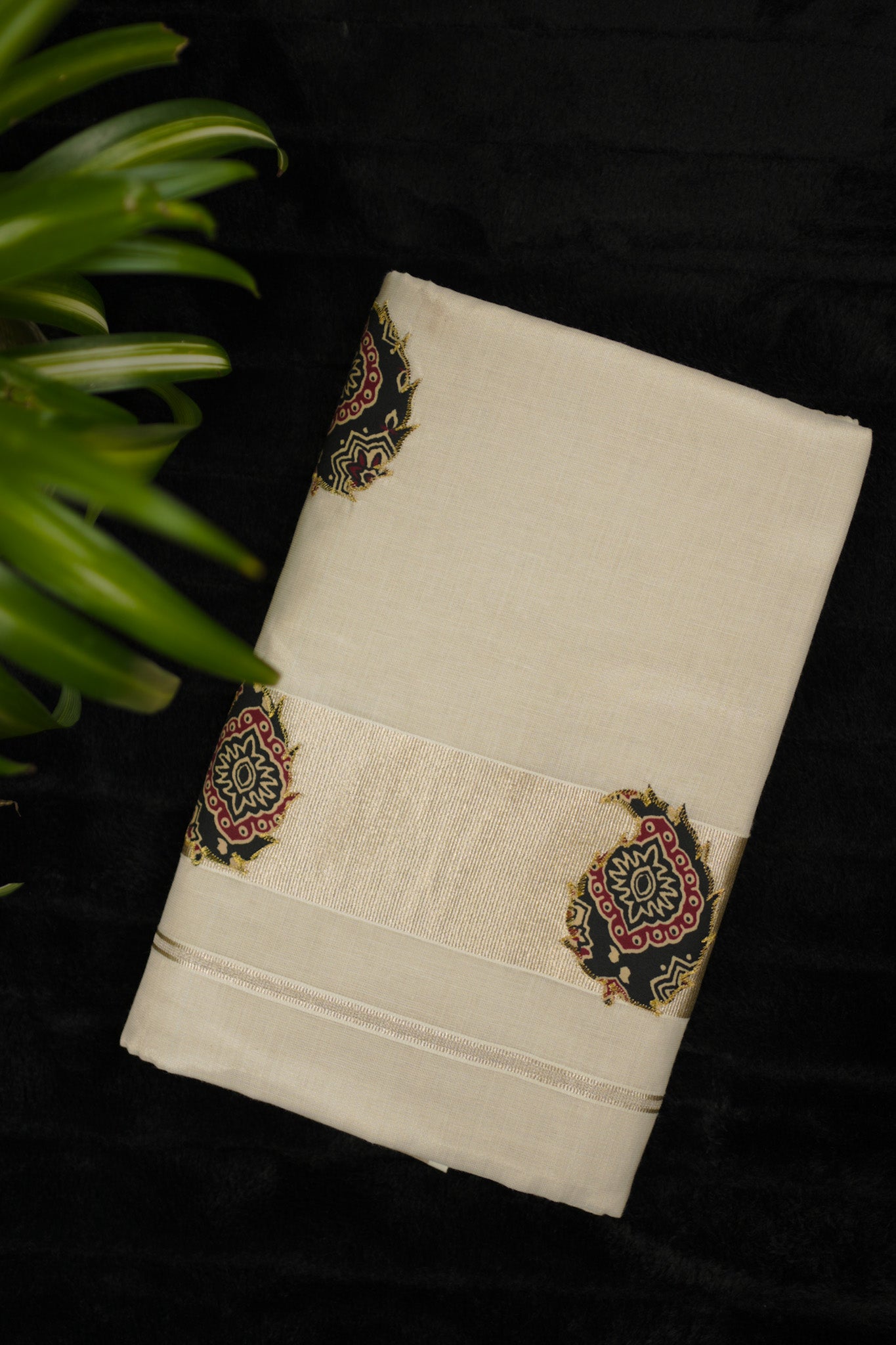 Tissue Kasavu Set Saree with Ajrakh work (SAR-1148)
