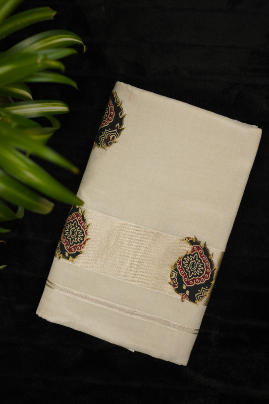 Tissue Kasavu Set Saree with Ajrakh work (SAR-1148)