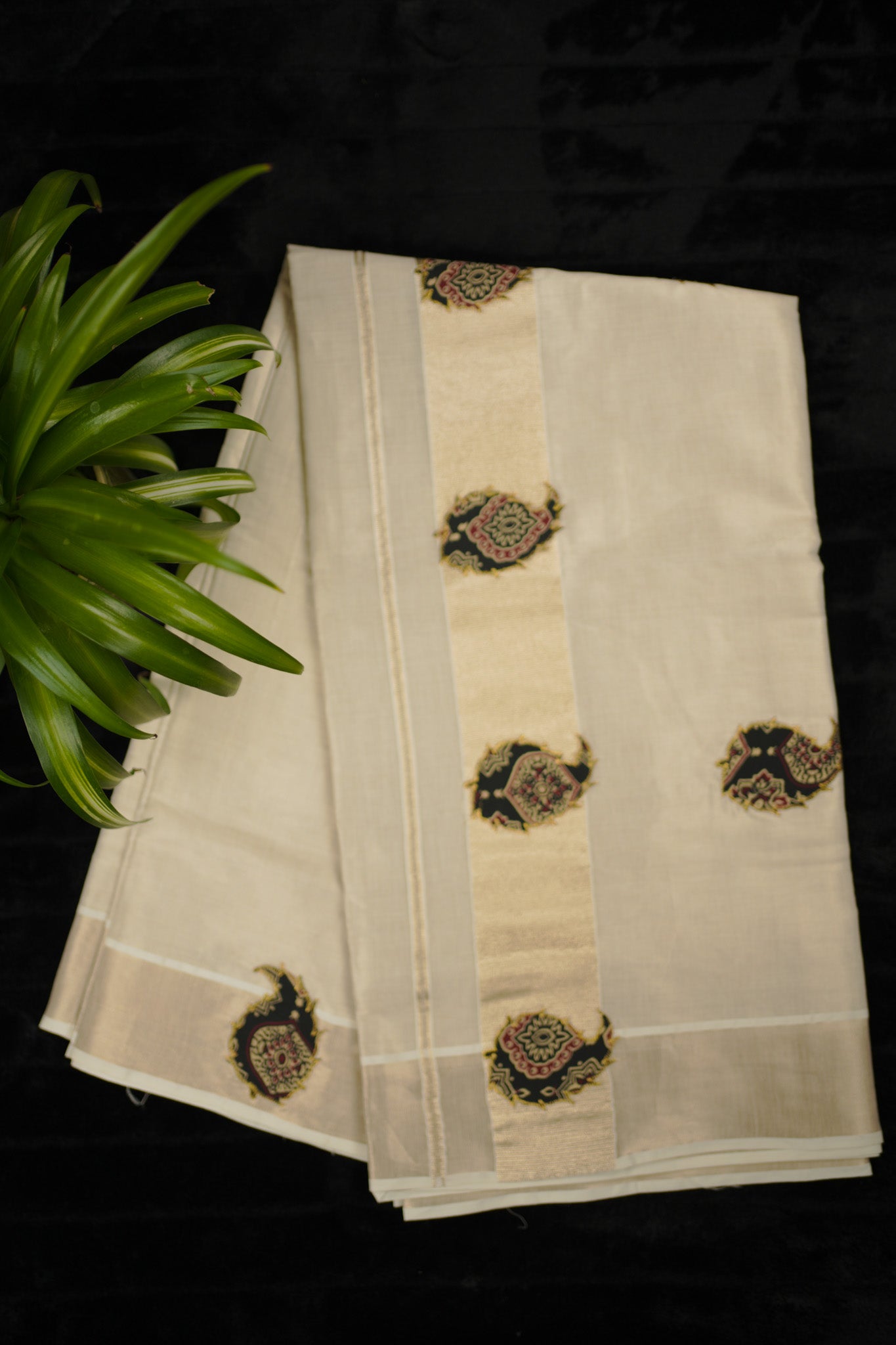 Tissue Kasavu Set Saree with Ajrakh work (SAR-1148)