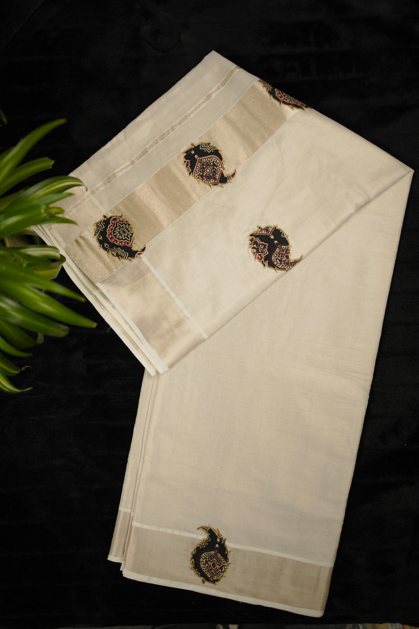 Tissue Kasavu Set Saree with Ajrakh work (SAR-1148)