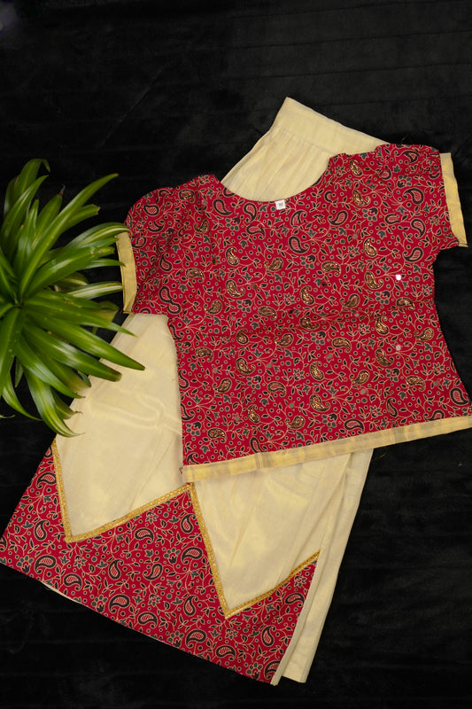 Girls ajrakh styled pavada  with mirror work blouse from Floral Blues (KCW114)