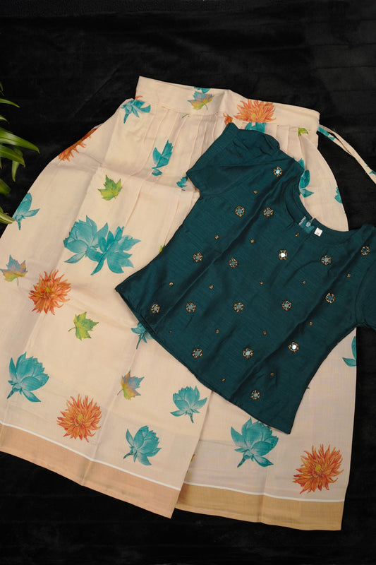 Traditional girls pavada set - Vichitra silk blouse & floral skirt (KCW116)