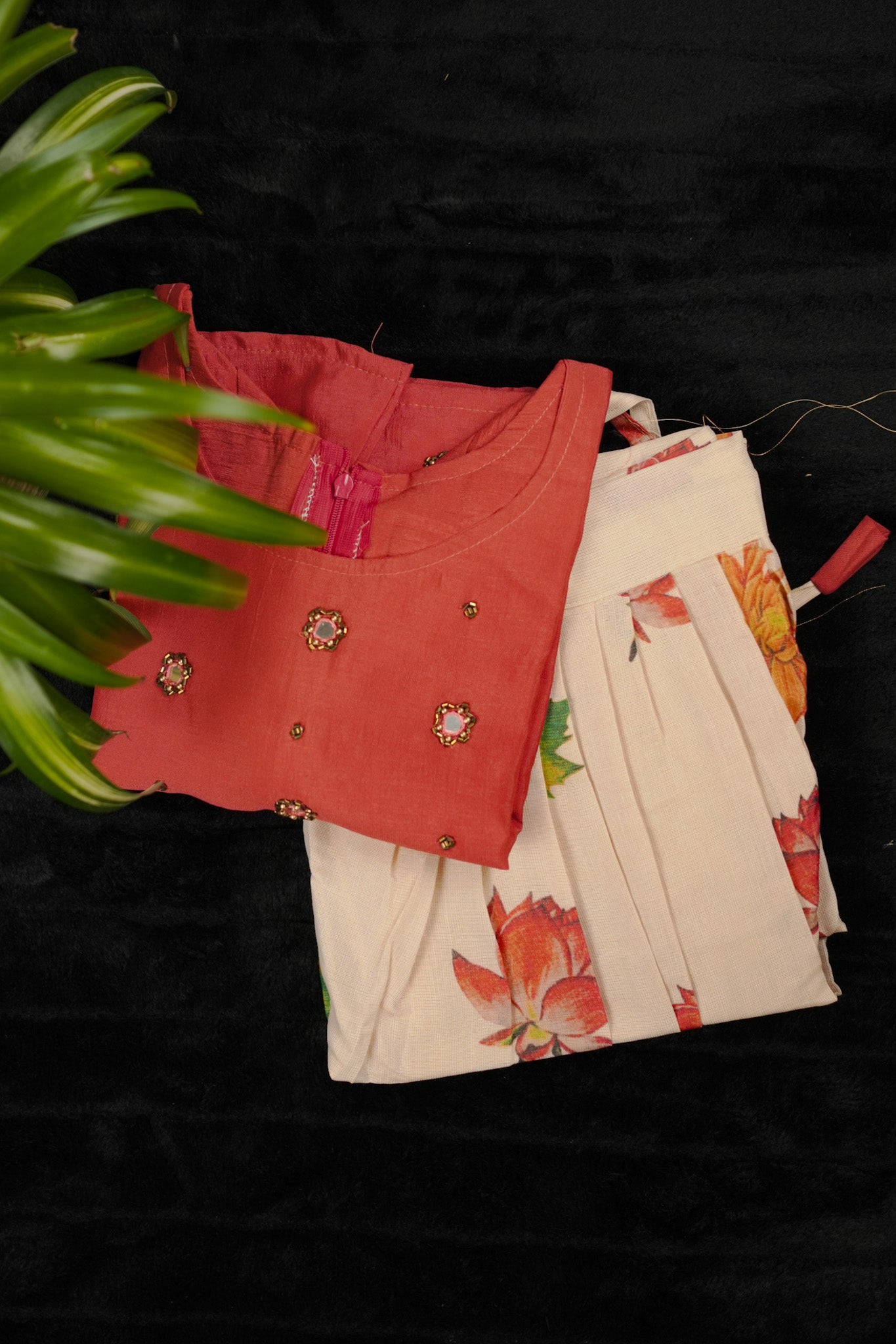 Girls Pavada Blouse set - Vichitra silk top & floral print skirt for festivals (KCW117)