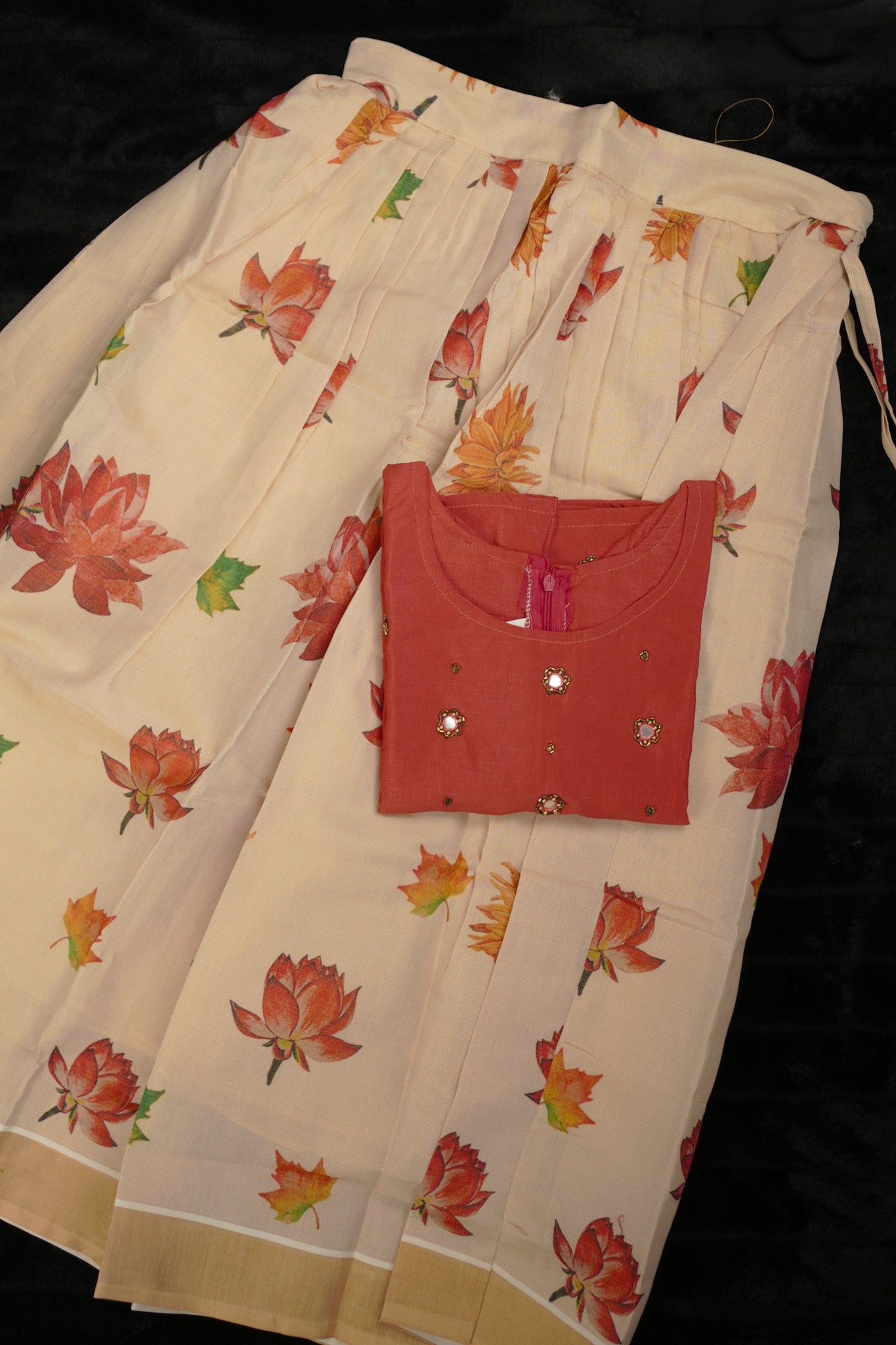 Girls Pavada Blouse set - Vichitra silk top & floral print skirt for festivals (KCW117)