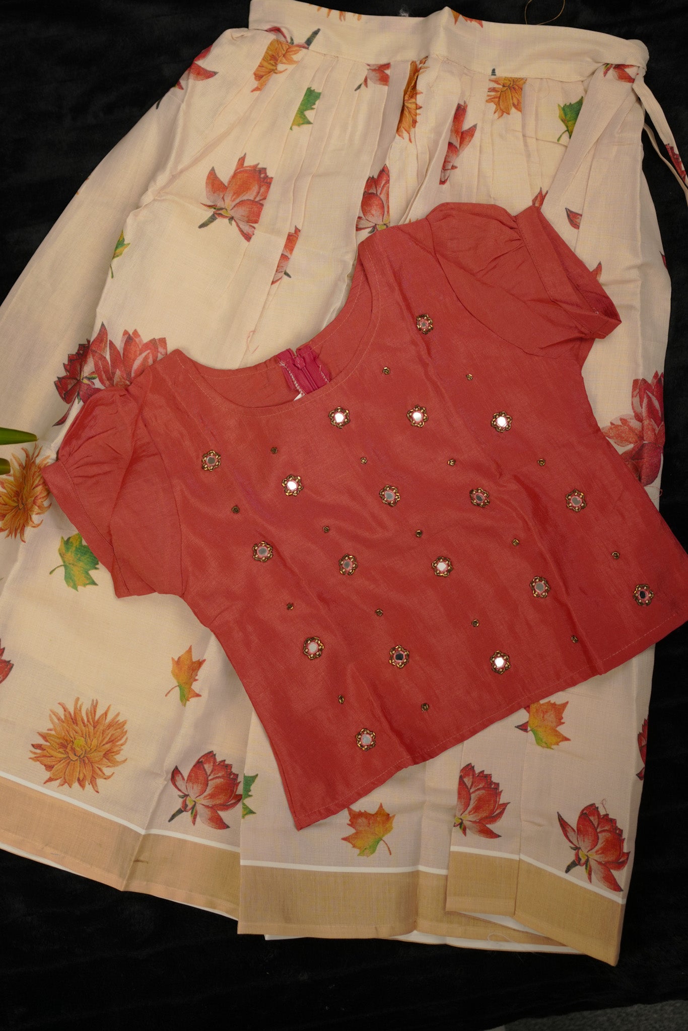 Girls Pavada Blouse set - Vichitra silk top & floral print skirt for festivals (KCW117)