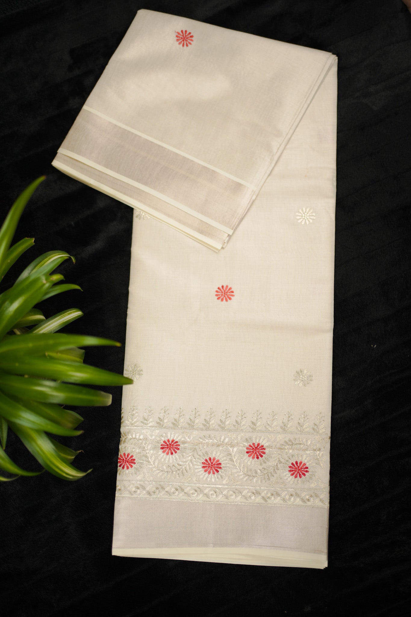 Tissue Kasavu Set Saree with embroidery (SAR-1154)