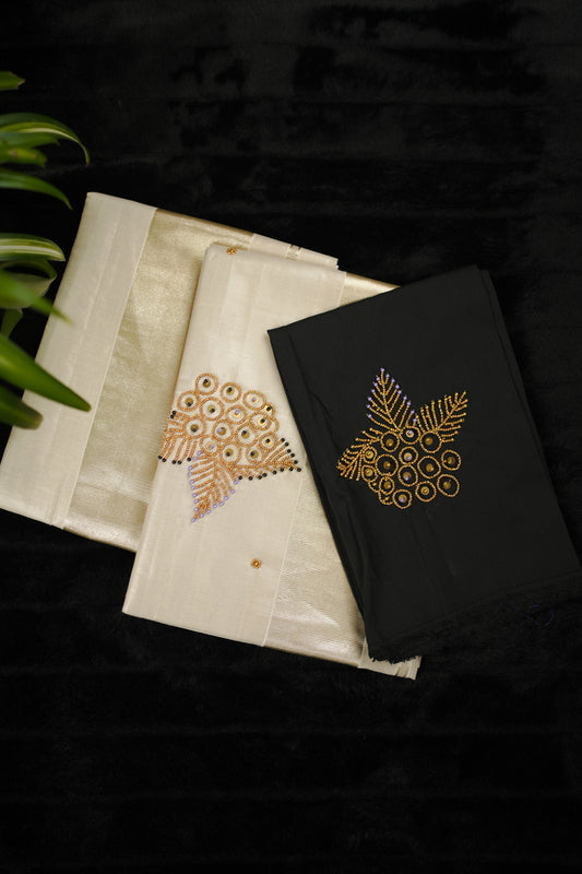 Elegant Kerala Kasavu Set Mundu with Hand Embroidery (SM-255)