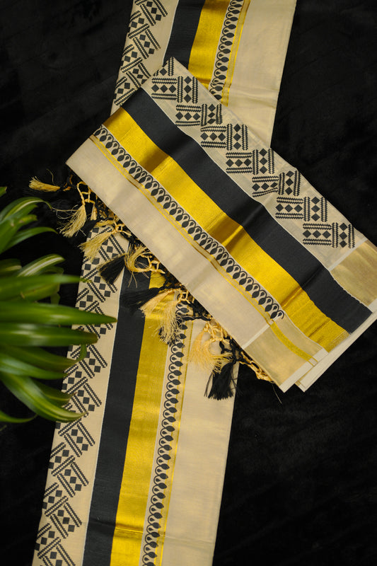 Onam Kasavu Set Mundu - Embroidery and tassel (SM-258)