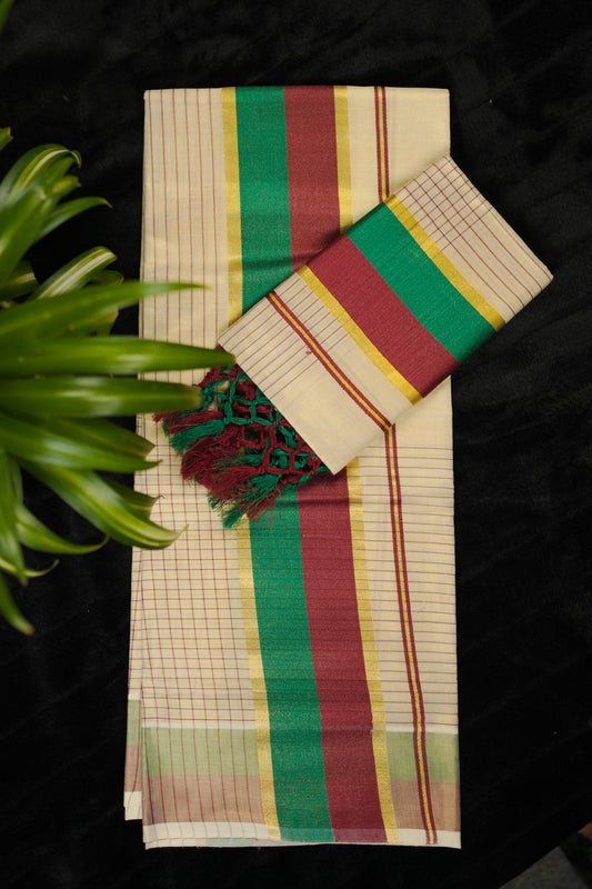 Onam tissue Kasavu set Mundu with maroon and green border(SM-259)