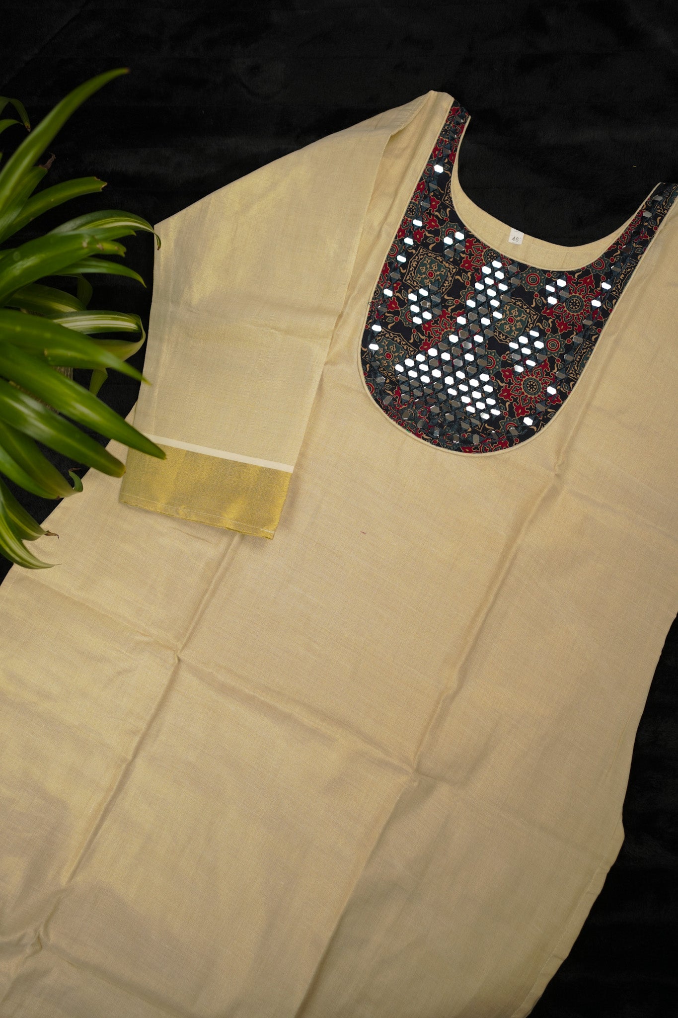 Kasavu tissue kurti top with mirror work (KER-1156)