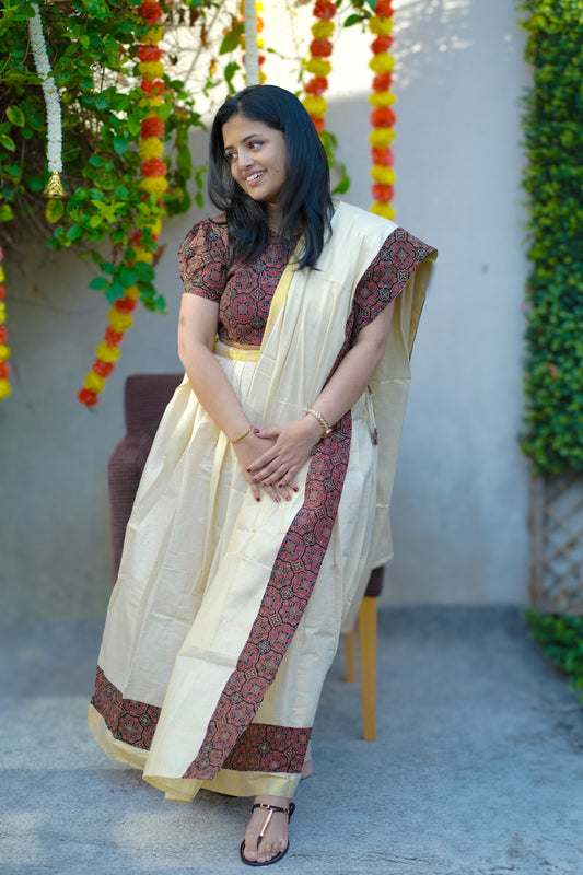 Ajrakh Style Blouse with tissue skirt (KER-1157)
