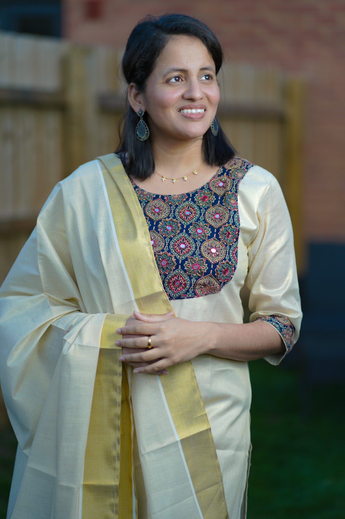 Tissue Kasavu Kurti set in Ajrakh design (KER-1162)