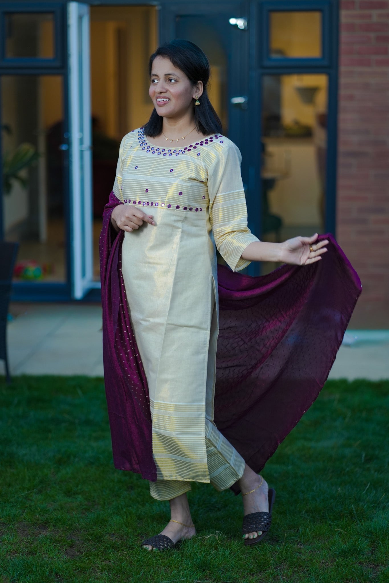 Elegant Kerala Kasavu Salwar Suit with Maroon Dupatta(KER-1164)