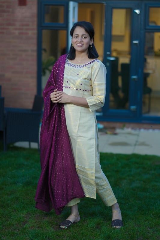 Elegant Kerala Kasavu Salwar Suit with Maroon Dupatta(KER-1164)