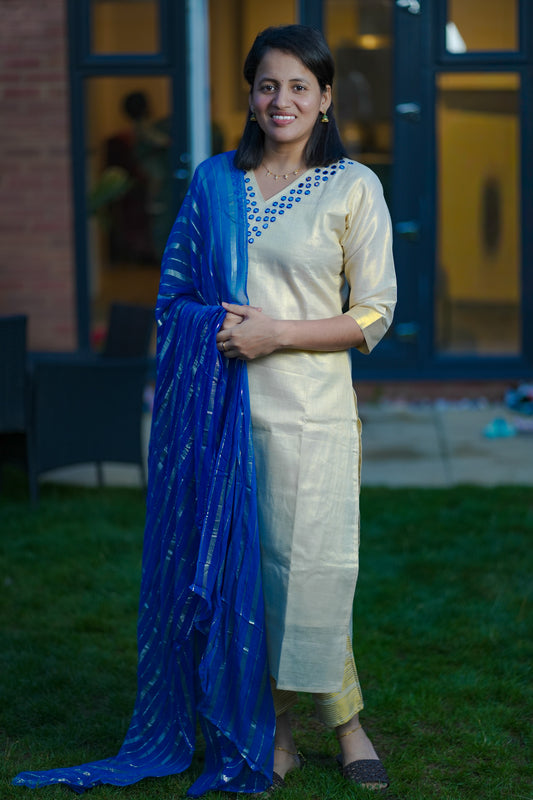 Elegant Kerala Kasavu Salwar Suit with Blue Dupatta(KER-1165)