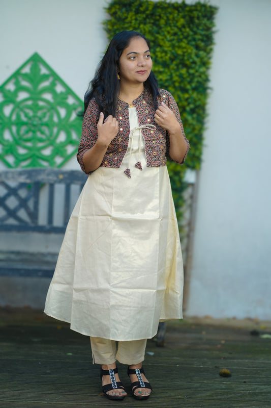 Tissue Kurta Set with Printed Jacket – Elegant Ethnic Wear for Women (KER-1167)