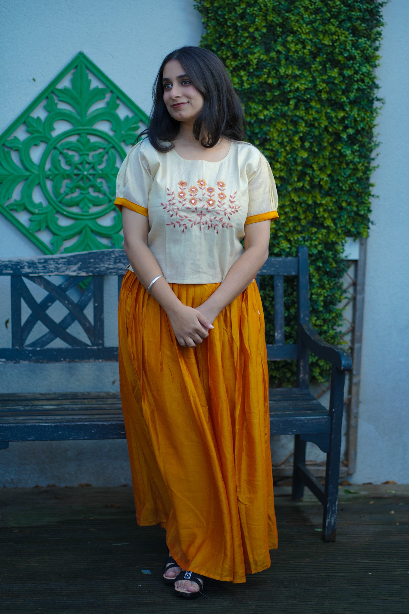 Handcrafted Beige Embroidered Cotton Top with Mustard Flowy Skirt – Ethnic Fusion Wear(KER-1168)