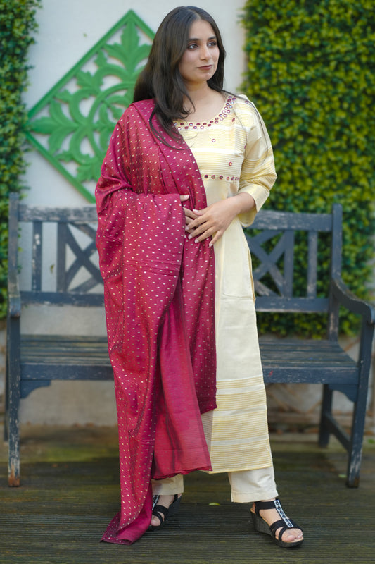 Elegant Kerala Kasavu Salwar Suit with maroon Dupatta(KER-1170)