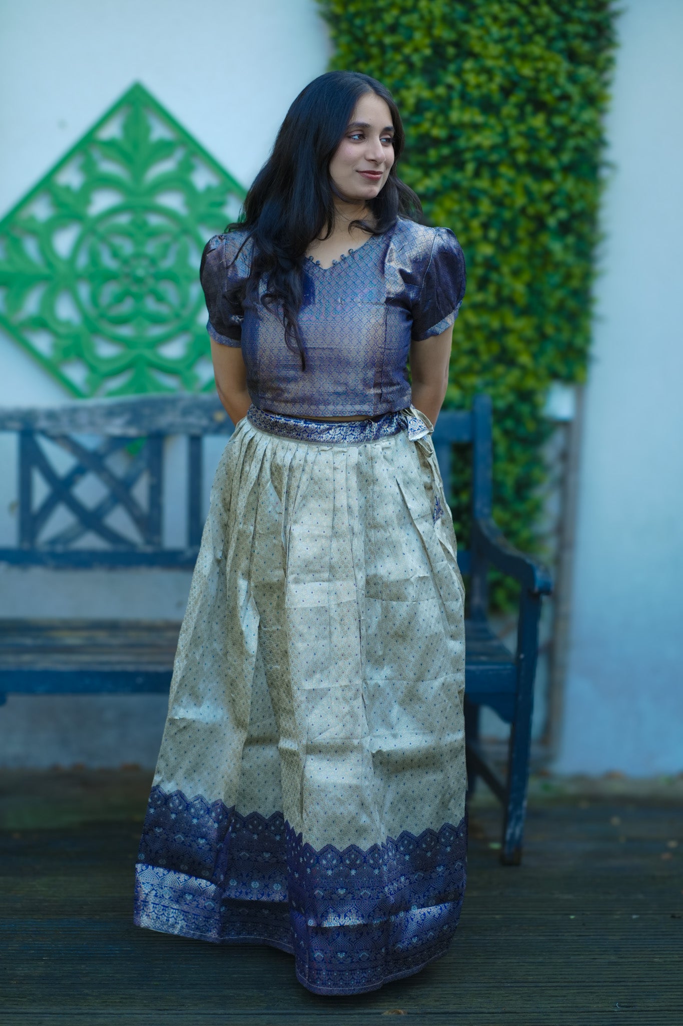 Elegant Purple & Beige Banarasi Silk Blouse with Brocade Skirt – Festive & Wedding Wear(KER-1169)