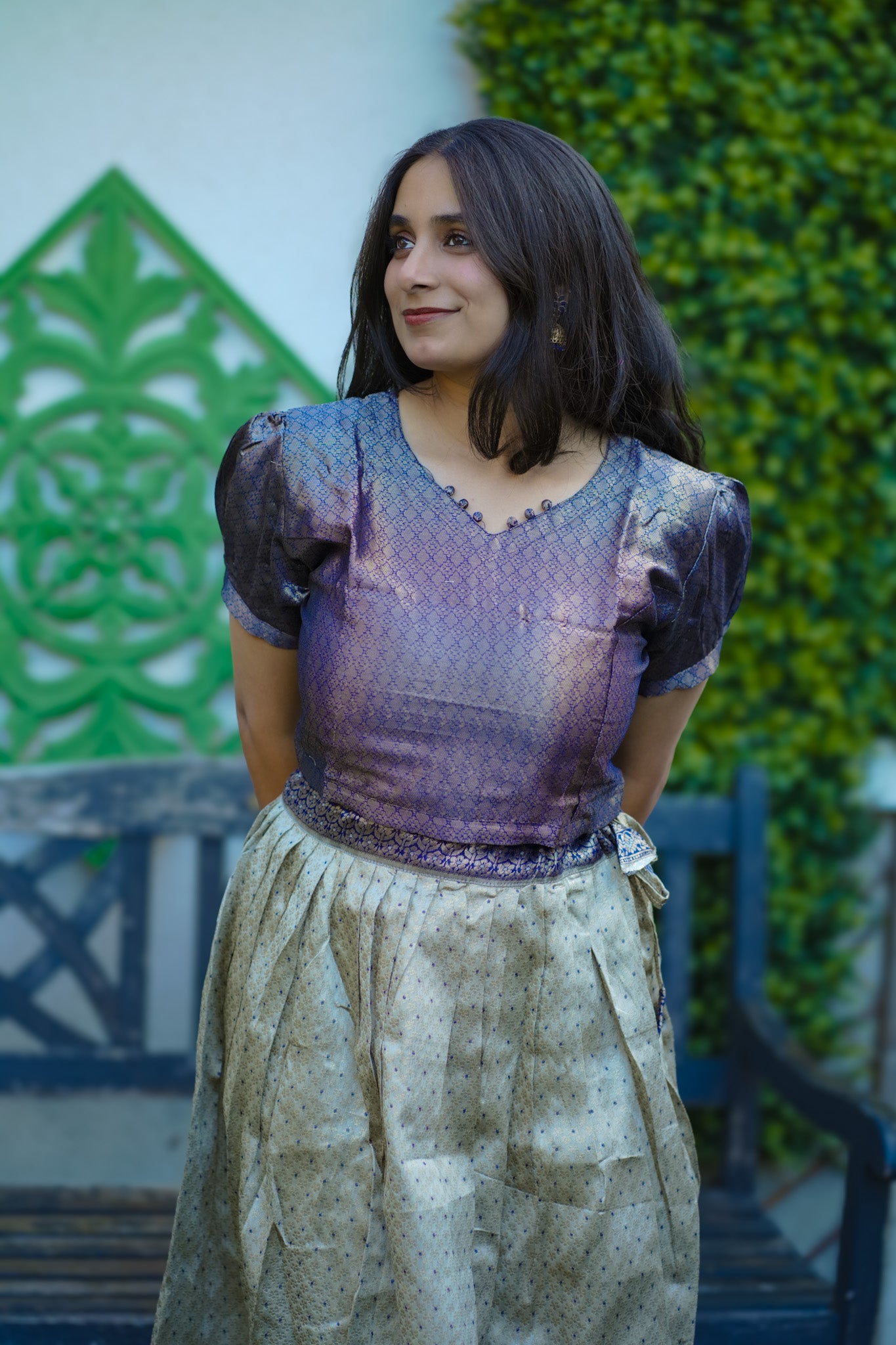 Elegant Purple & Beige Banarasi Silk Blouse with Brocade Skirt – Festive & Wedding Wear(KER-1169)