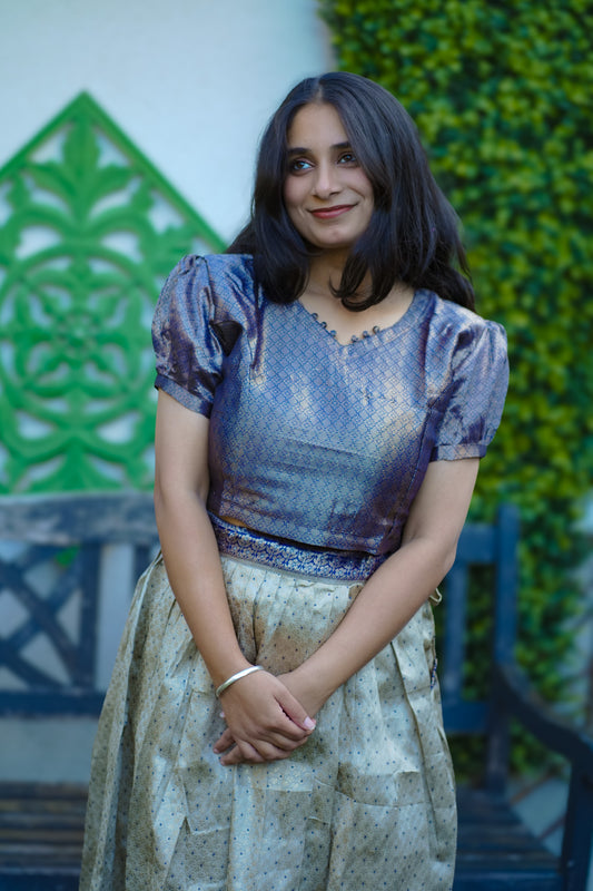 Elegant Purple & Beige Banarasi Silk Blouse with Brocade Skirt – Festive & Wedding Wear(KER-1169)