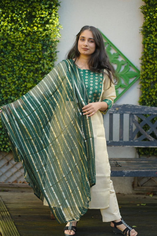 Elegant Kerala Kasavu Salwar Suit with Green Dupatta – Traditional Festive Wear(KER-1170)
