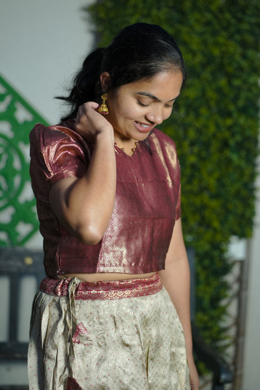 Elegant Banarasi Silk Blouse with Brocade Skirt – Festive & Wedding Wear(KER-1172)