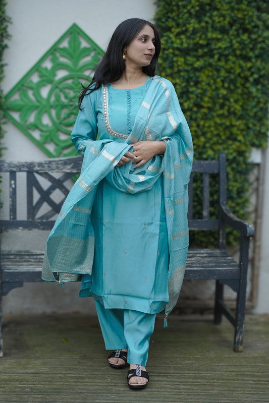 Turquoise Blue Embroidered Suit Set with Dupatta
(KSH-1132)