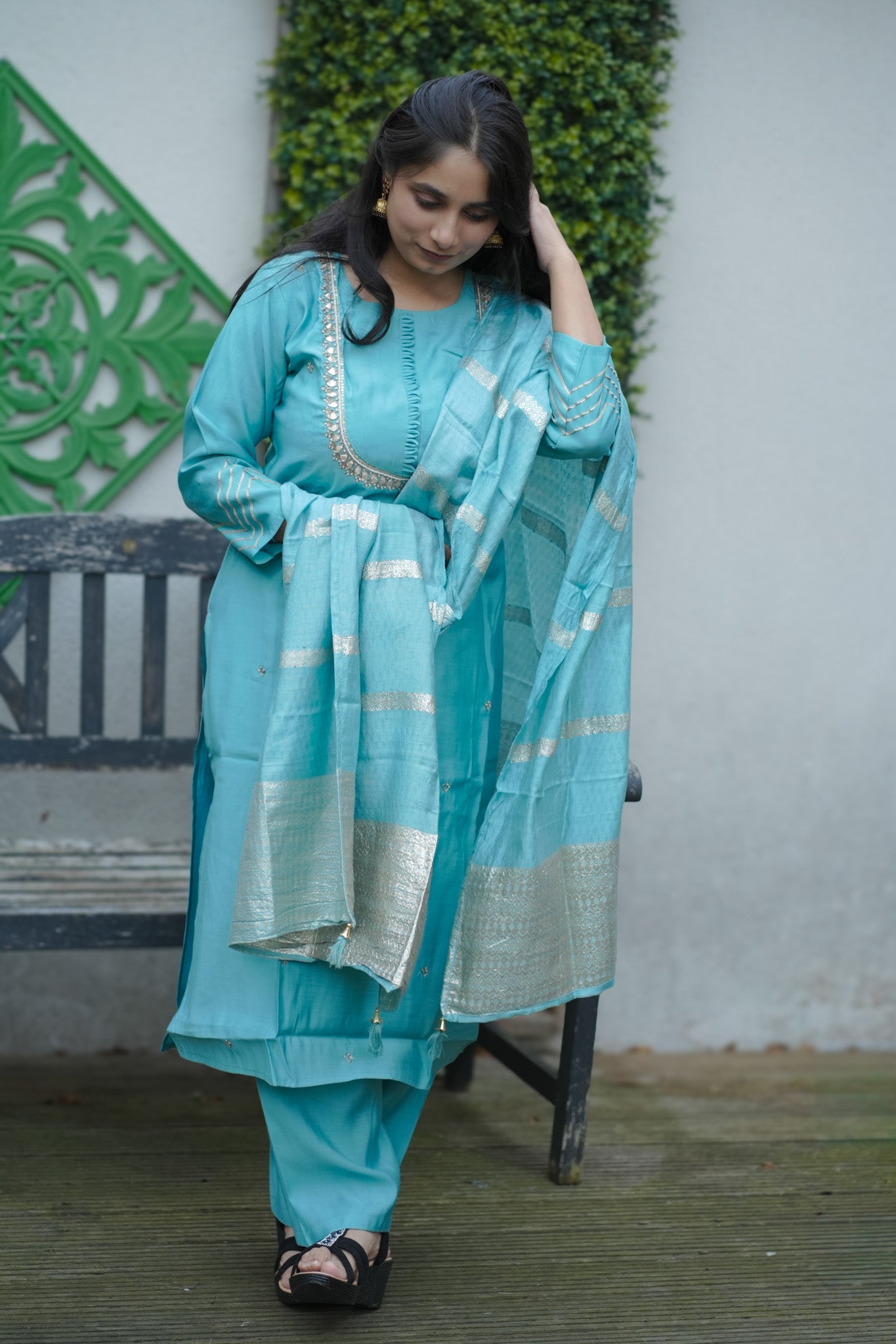 Turquoise Blue Embroidered Suit Set with Dupatta
(KSH-1132)