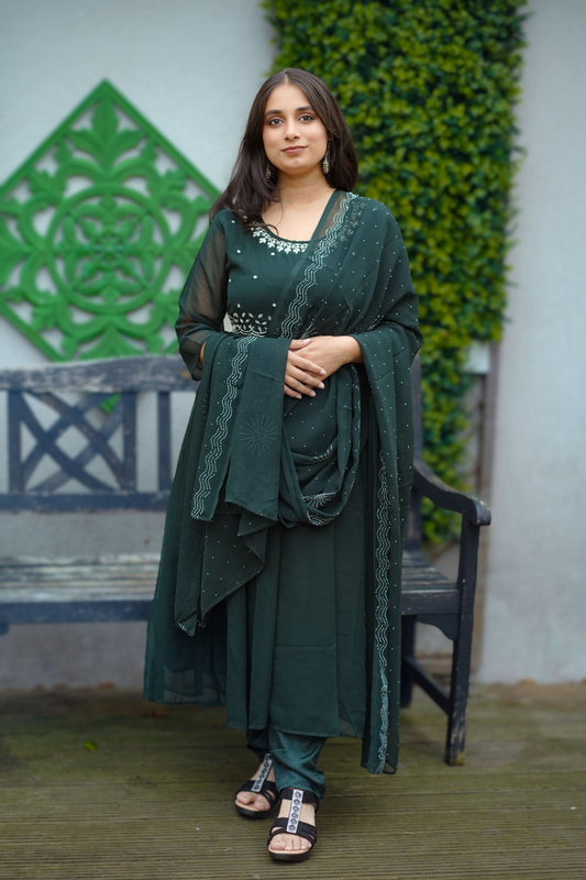 Elegant Dark Green Embroidered Salwar Kameez with Dupatta(KER-1173)
