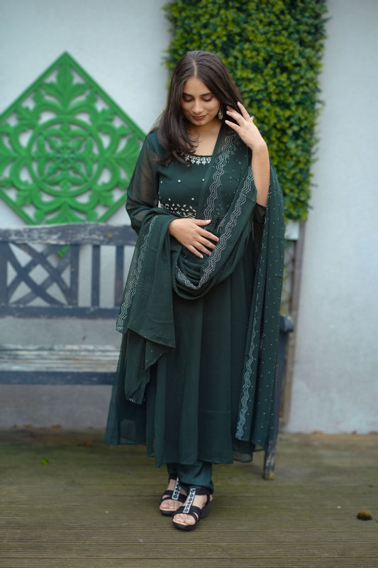 Elegant Dark Green Embroidered Salwar Kameez with Dupatta(KER-1173)