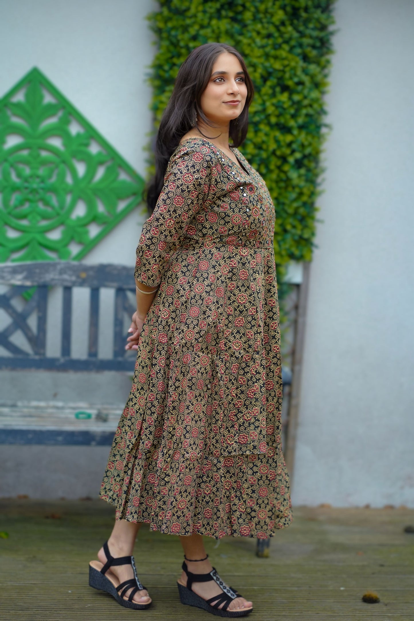 Ajrakh print dress with mirror work(KER-1177)