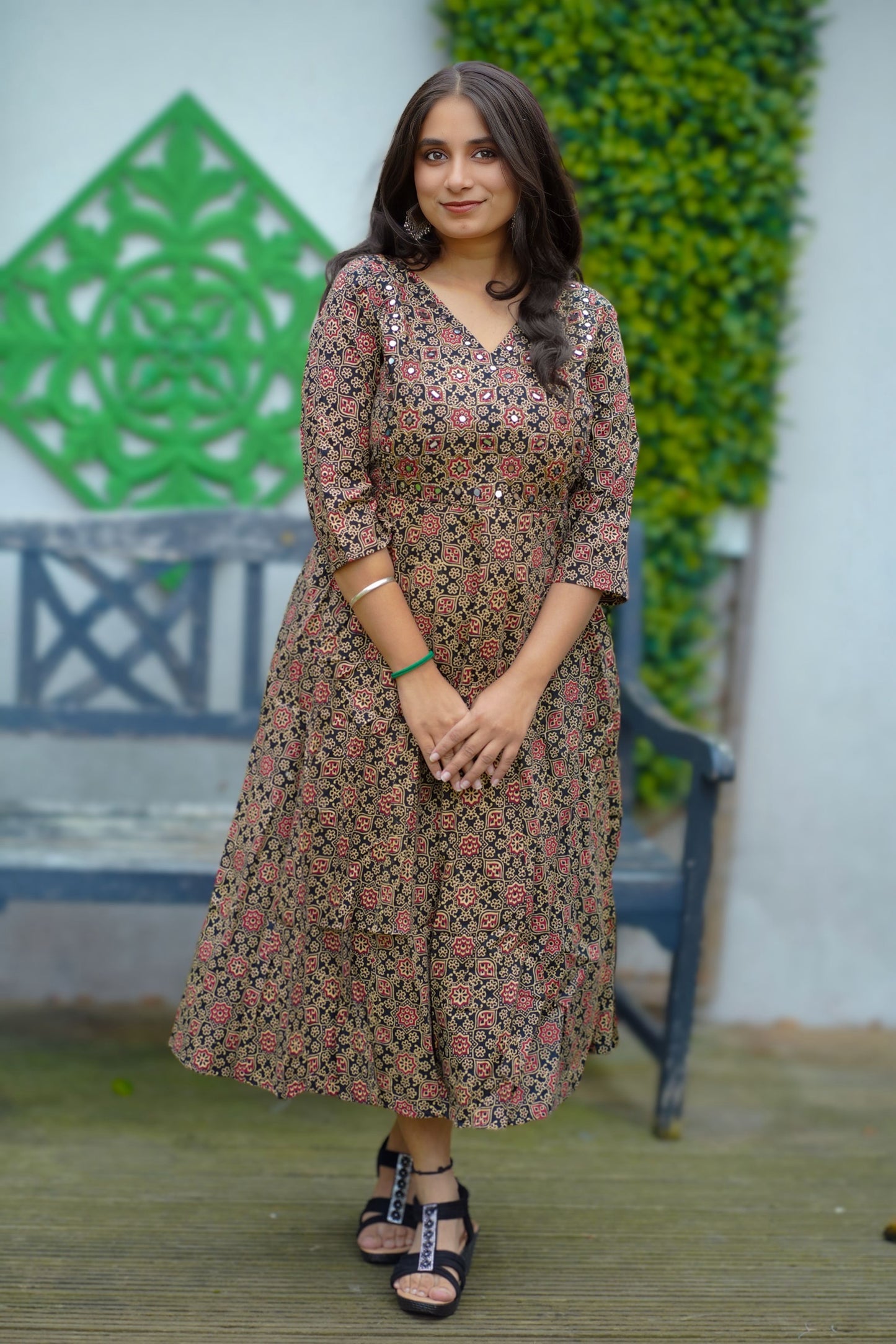 Ajrakh print dress with mirror work(KER-1177)