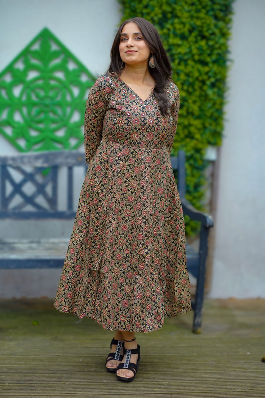Ajrakh print dress with mirror work(KER-1177)