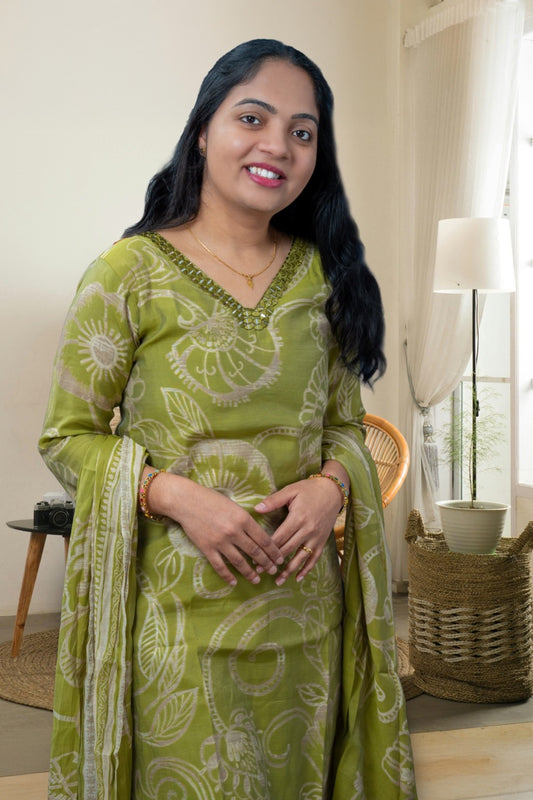 Green Printed Cotton Modal Silk Kurta Set with Dupatta(KER-1200)