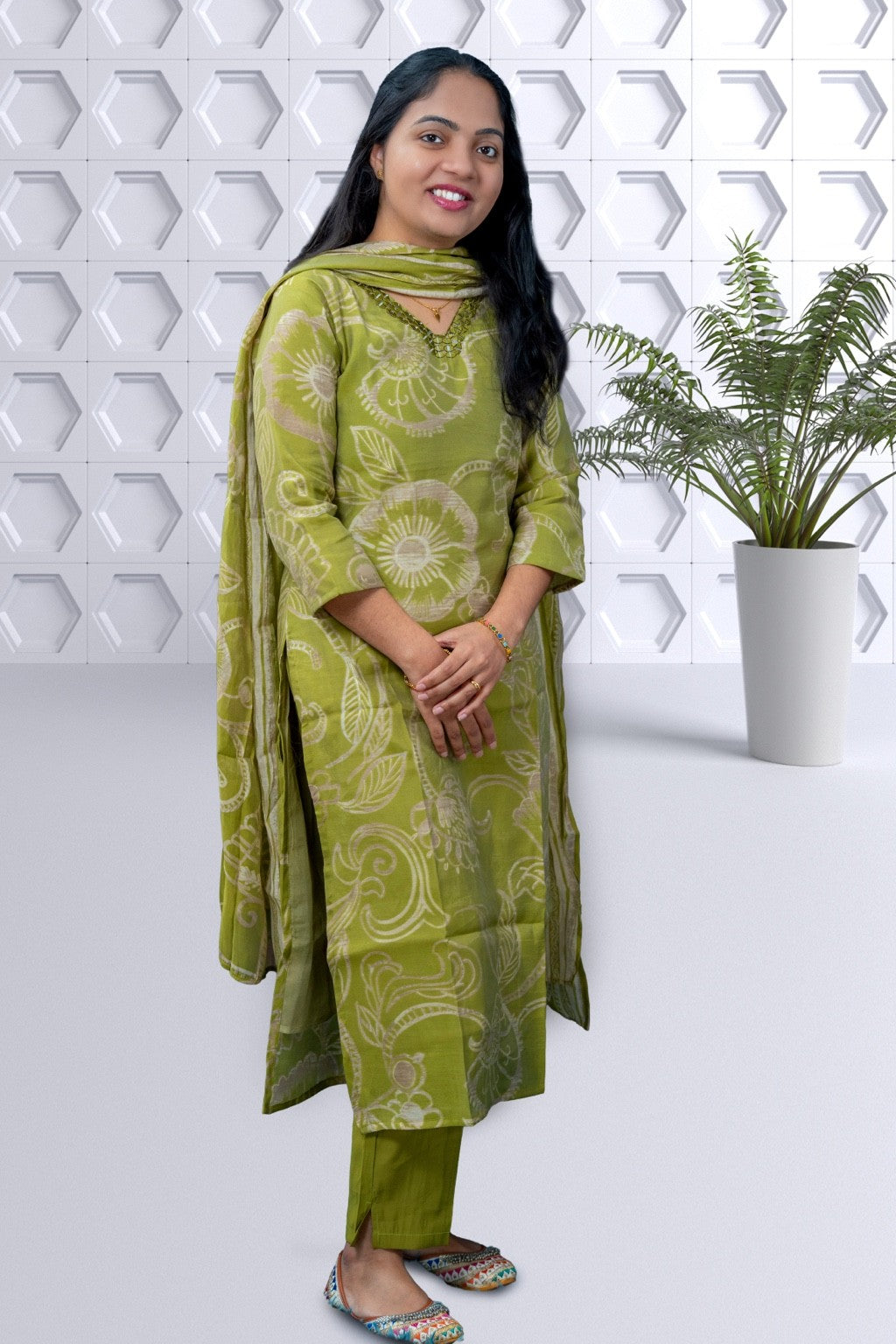 Green Printed Cotton Modal Silk Kurta Set with Dupatta(KER-1200)